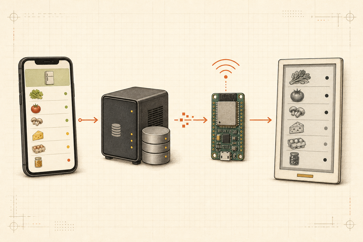 鲜知贴从手机食材列表、Node.js 服务、ESP32 到墨水屏的完整数据链路